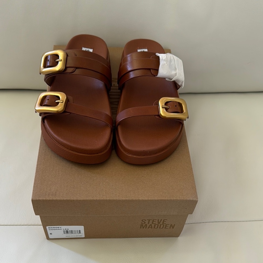 Steve Madden Margey Sandals— Tan Sandals with Gold Buckle
